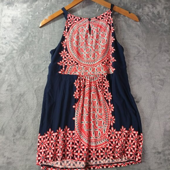 INC Womens Sleeveless Keyhole Tunic Top M Navy Red Geometric Stretch Embellished - Picture 7 of 10